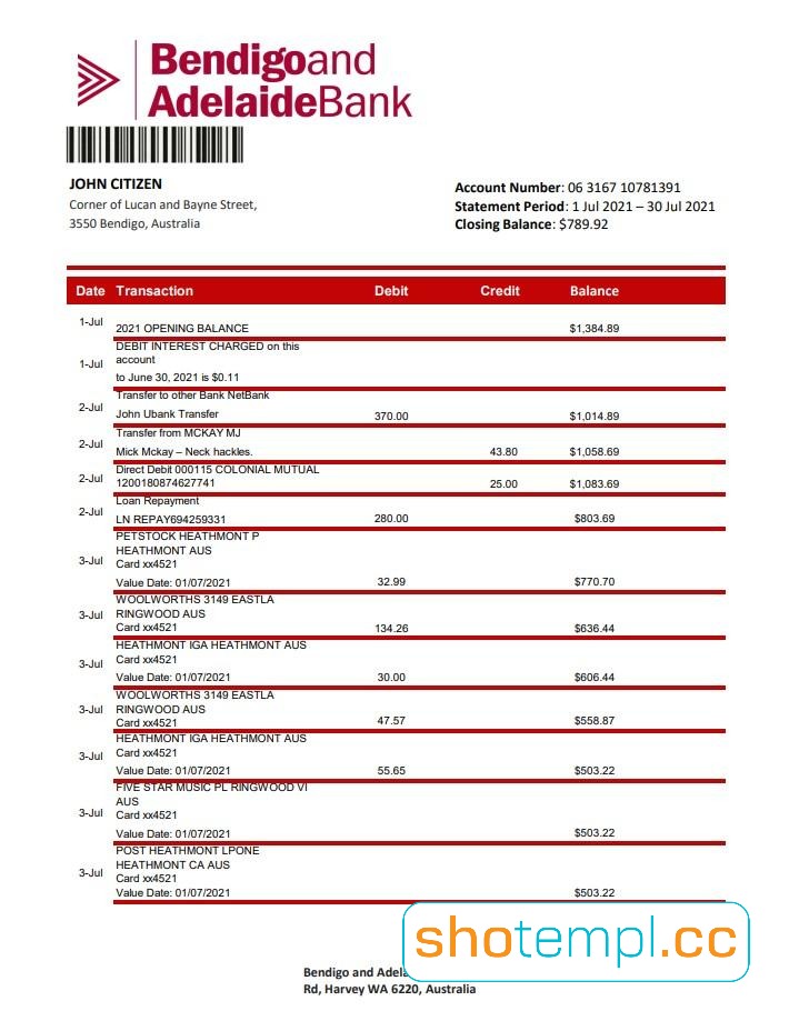 Bendigo Bank Statement Template in PDF Format
